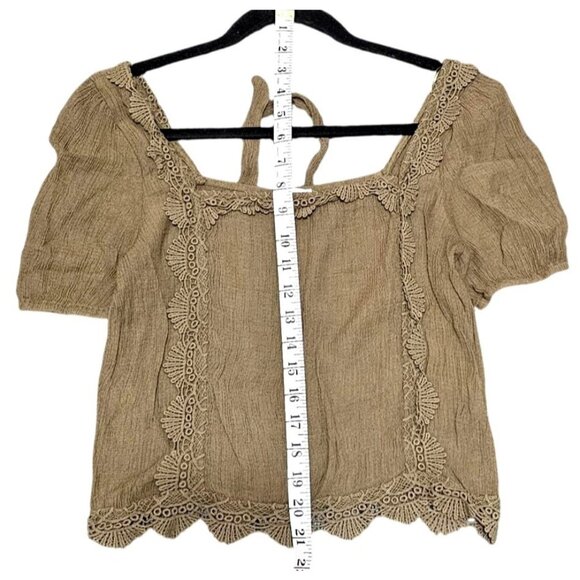Boho Lace Trim Olive Green Linen Blend Square Neck Blouse By Mine Size G - Picture 5 of 6